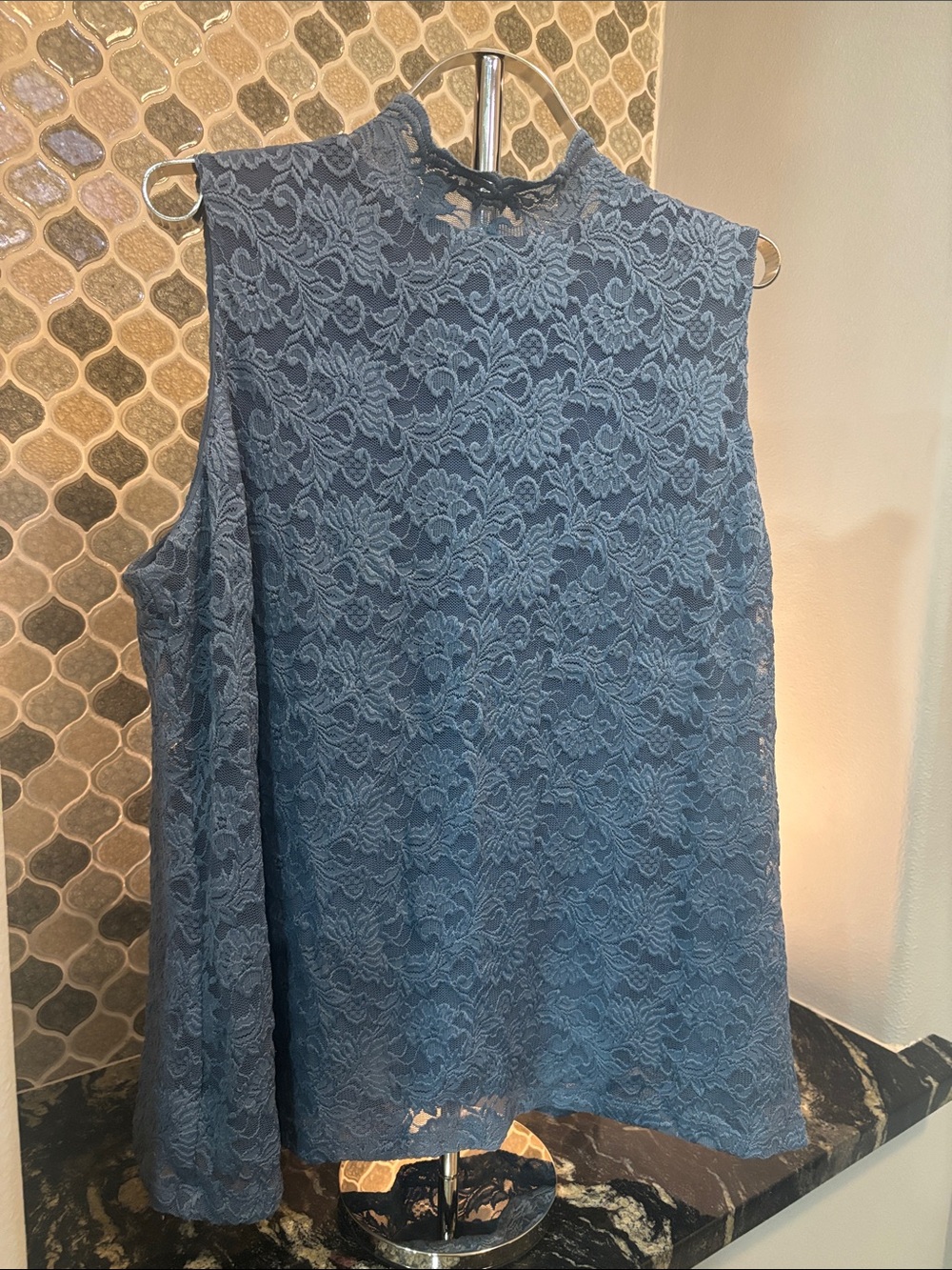 Susan Graver Slate Blue Lace Sleeveless Mock Neck Camisole